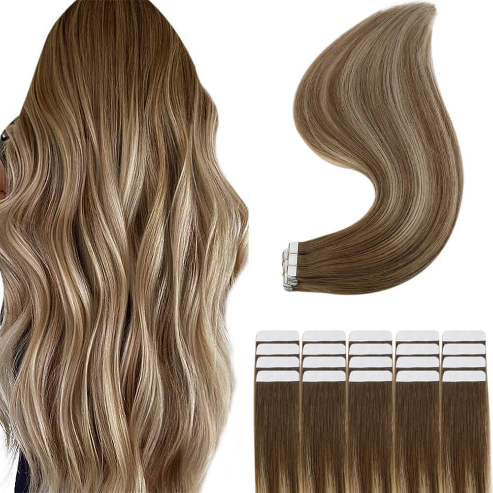 Tape in Hair Extensions 100% remy Human Hair Balayage Highlights (#6/…